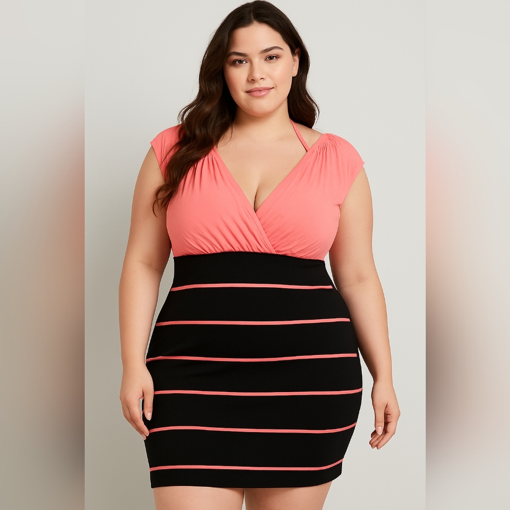 Women's Peach and Black Striped Bodycon Mini Dress